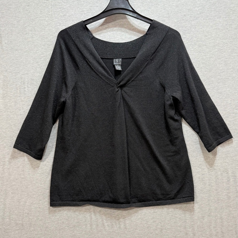 INC Sweater Women 2X Black Metallic Twist V-Neck 3/4 Sleeve Sparkle Party‎